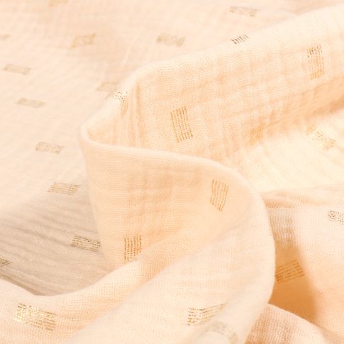 Tissu Double gaze Rectangles striés dorés sur fond Ivoire