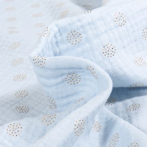 Tissu Double gaze Pointipois dorés sur fond Bleu ciel