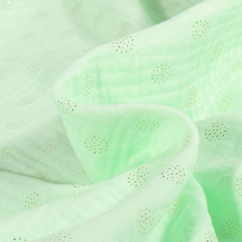Tissu Double gaze Pointipois dorés sur fond Vert menthe