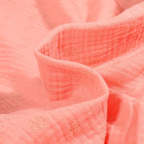 Tissu Double gaze Pointipois dorés sur fond Rose corail