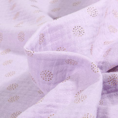 Tissu Double gaze Pointipois dorés sur fond Lilas