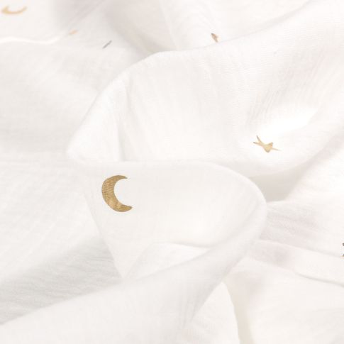 Tissu Double gaze Lunes et étoiles dorées sur fond Blanc