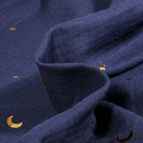 Tissu Double gaze Lunes et étoiles dorées sur fond Bleu marine