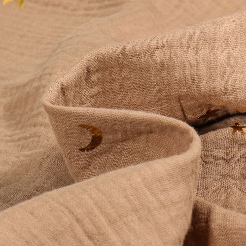 Tissu Double gaze Lunes et étoiles dorées sur fond Cassonade