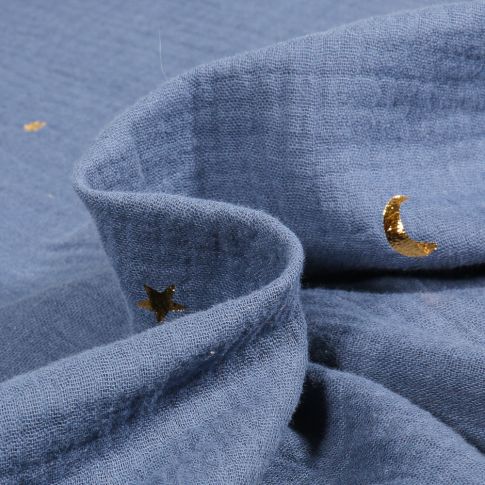Tissu Double gaze Lunes et étoiles dorées sur fond Bleu ancien