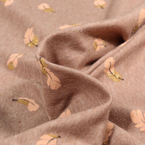 Tissu Jersey Coton Plumes pailletées sur fond Cassonade