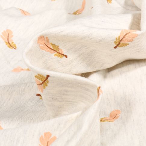 Tissu Jersey Coton Plumes pailletées sur fond Blanc chiné
