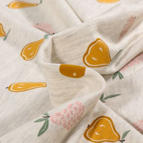 Tissu Sweat léger envers gratté Fruits pailletés sur fond Beige chiné