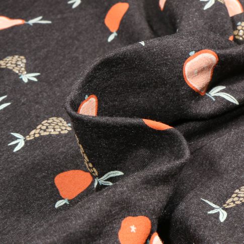 Tissu Sweat léger envers gratté Fruits pailletés sur fond Noir