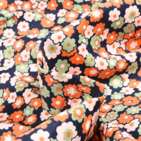 Tissu Velours milleraies Marguerita sur fond Bleu marine