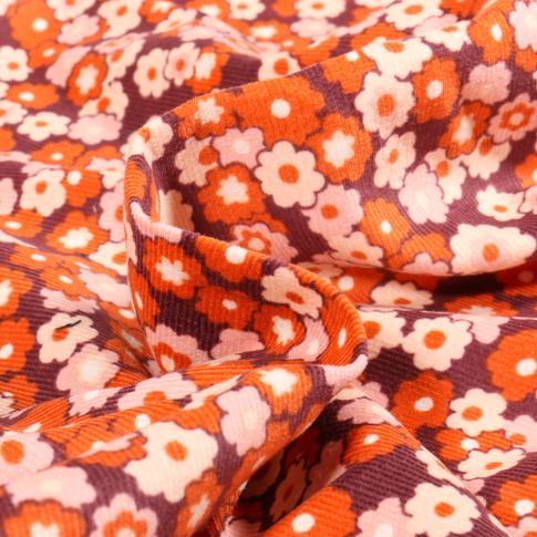Tissu Velours milleraies Marguerita sur fond Bordeaux