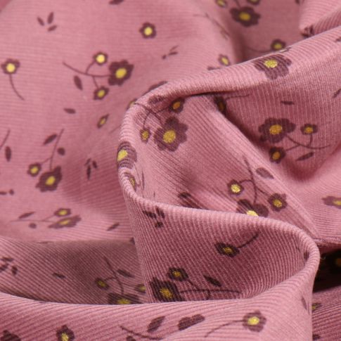 Tissu Velours milleraies Fleurette sur fond Rose