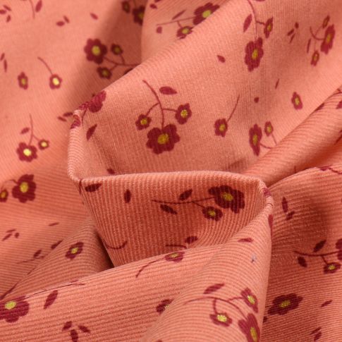Tissu Velours milleraies Fleurette sur fond Saumon