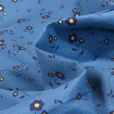 Tissu Velours milleraies Fleurette sur fond Bleu