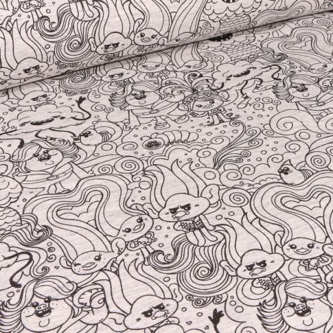 Tissu Jersey Coton Trolls noir et blanc sur fond Gris chiné
