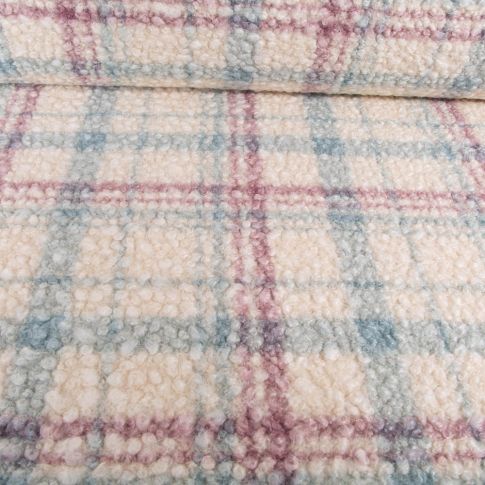 Tissu Bouclettes  Carreaux bleu et mauve sur fond Ecru