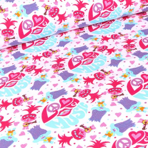 Tissu Jersey Coton Trolls music sur fond Blanc