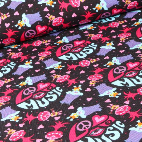 Tissu Jersey Coton Trolls music sur fond Noir