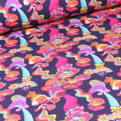 Tissu Jersey Coton Trolls music sur fond Bleu marine