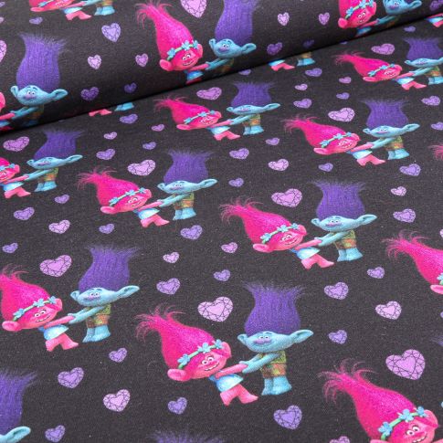 Tissu Jersey Coton Love Trolls sur fond Noir