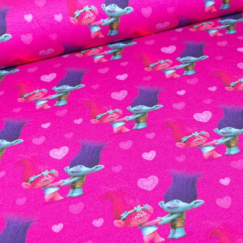 Tissu Jersey Coton Love Trolls sur fond Rose fuchsia
