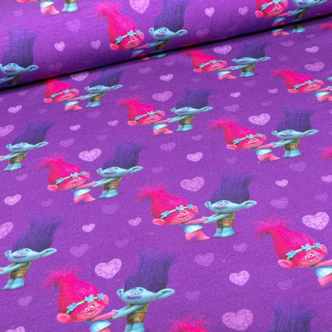 Tissu Jersey Coton Love Trolls sur fond Violet