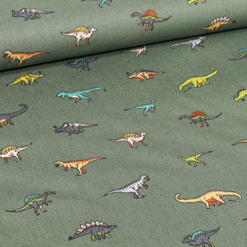 Tissu Coton imprimé Diplodocus & cie sur fond Vert kaki