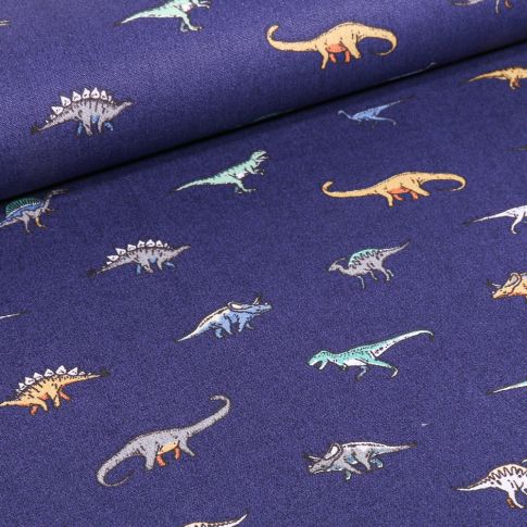 Tissu Coton imprimé Diplodocus & cie sur fond Bleu nuit