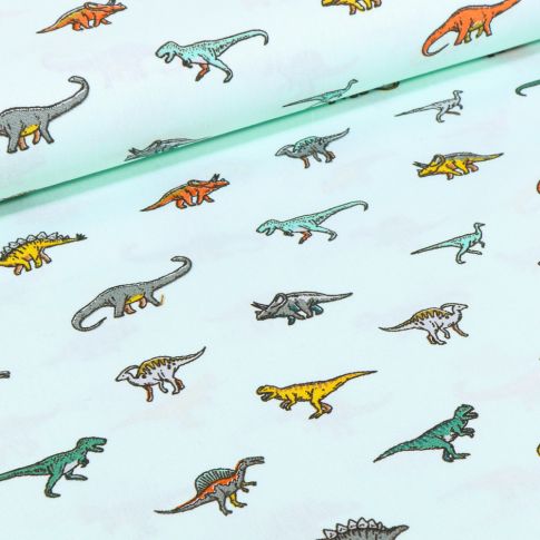 Tissu Coton imprimé Diplodocus & cie sur fond Vert menthe clair