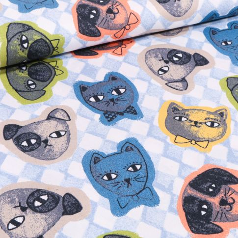 Tissu Coton imprimé Chiens & chats colorés sur fond Bleu ciel