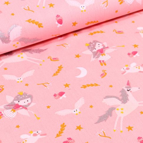 Tissu Coton imprimé Fées et licornes sur fond Rose