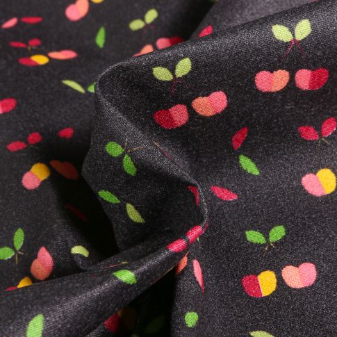 Tissu Coton enduit Cerises multicolores sur fond Noir