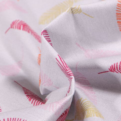 Tissu Coton enduit Feuilles multicolores sur fond Gris clair