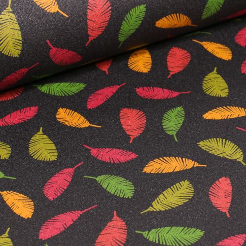 Tissu Coton enduit Feuilles multicolores sur fond Noir