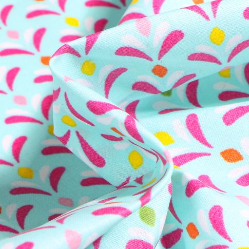 Tissu Coton enduit Pétales multicolores sur fond Bleu turquoise
