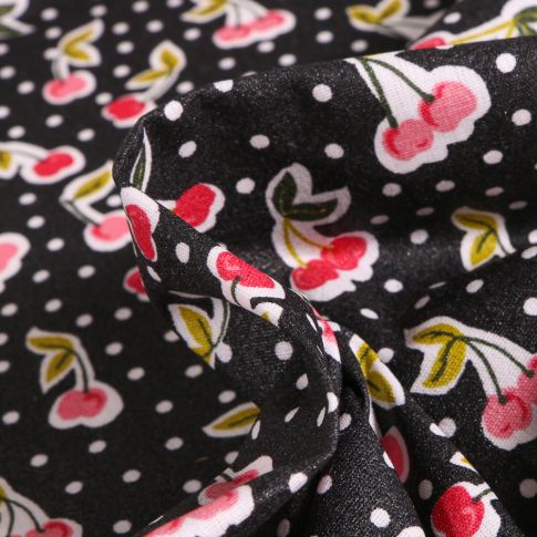 Tissu Coton enduit Cerises et pois sur fond Noir