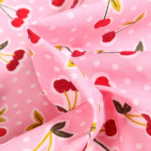 Tissu Coton enduit Cerises et pois sur fond Rose