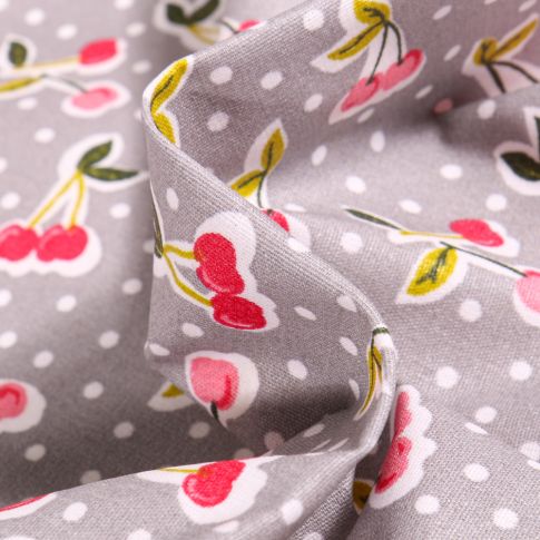 Tissu Coton enduit Cerises et pois sur fond Gris clair