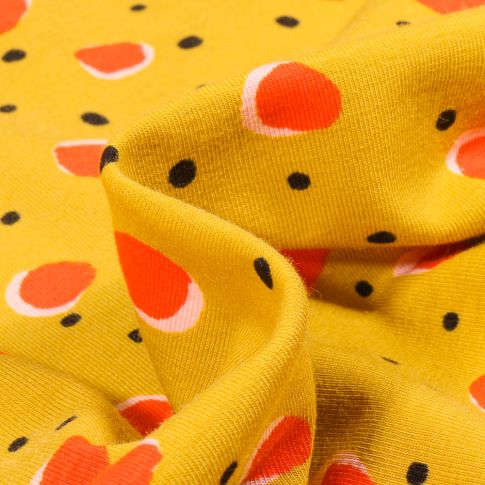 Tissu Jersey Coton Bio Pois 2 cm et mini pois sur fond Jaune