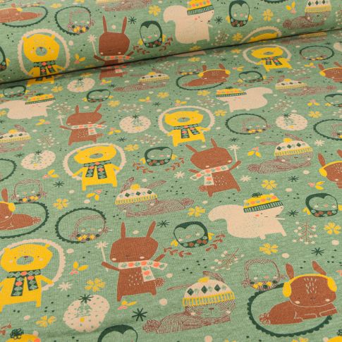 Tissu Jersey Coton Doudou chouchou sur fond Vert