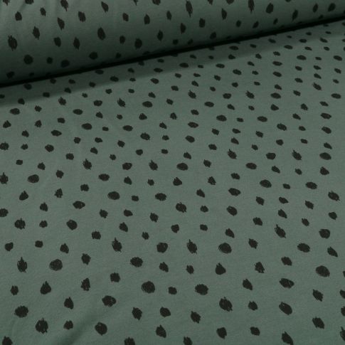 Coupon Tissu Sweat léger envers molletonné Bio Pois noirs sur fond Vert foncé - Coupon de 20 cm
