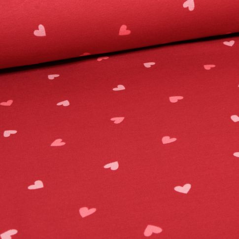Tissu Sweat envers minky Hearts sur fond Rouge