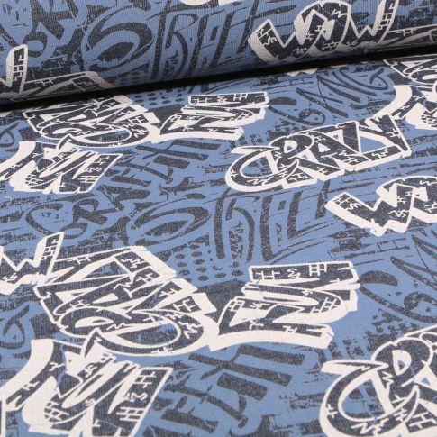 Tissu Sweat envers minky Graf' sur fond Bleu denim