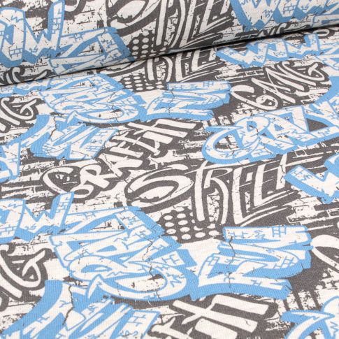 Tissu Sweat envers minky Graf' sur fond Bleu