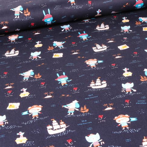 Tissu Coton imprimé Mini Pirates sur fond Bleu marine