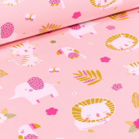 Tissu Jersey Coton Animaux et feuillages sur fond Rose