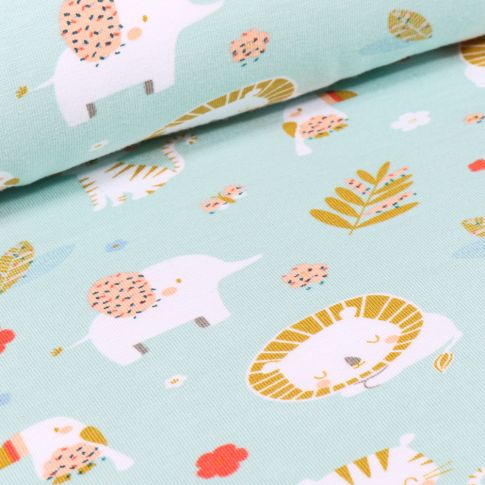 Tissu Jersey Coton Animaux et feuillages sur fond Vert menthe clair