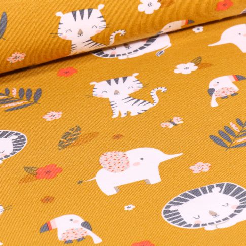 Tissu Jersey Coton Animaux et feuillages sur fond Jaune