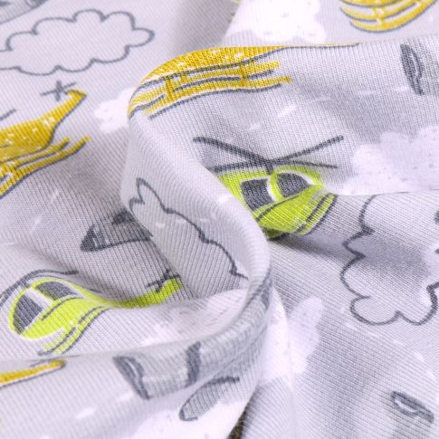 Tissu Jersey Coton Hélicoptère sur fond Gris