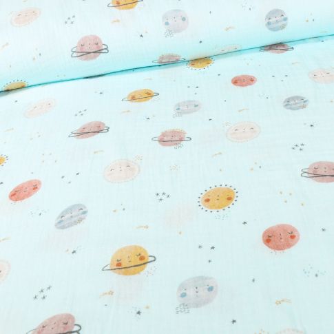 Tissu Double gaze Bio Planètes et soleil sur fond Bleu